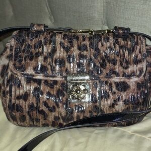Chicos Brown Black Faux Leather Leopard Print Pleated Shoulder Bag